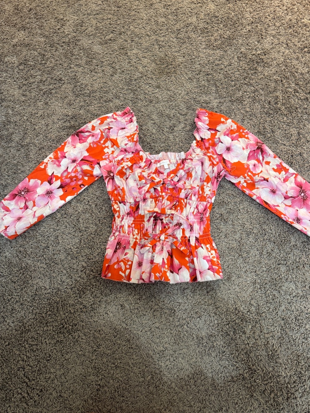 Olivaceous Floral Smocked Peplum Blouse - Pink & Orange